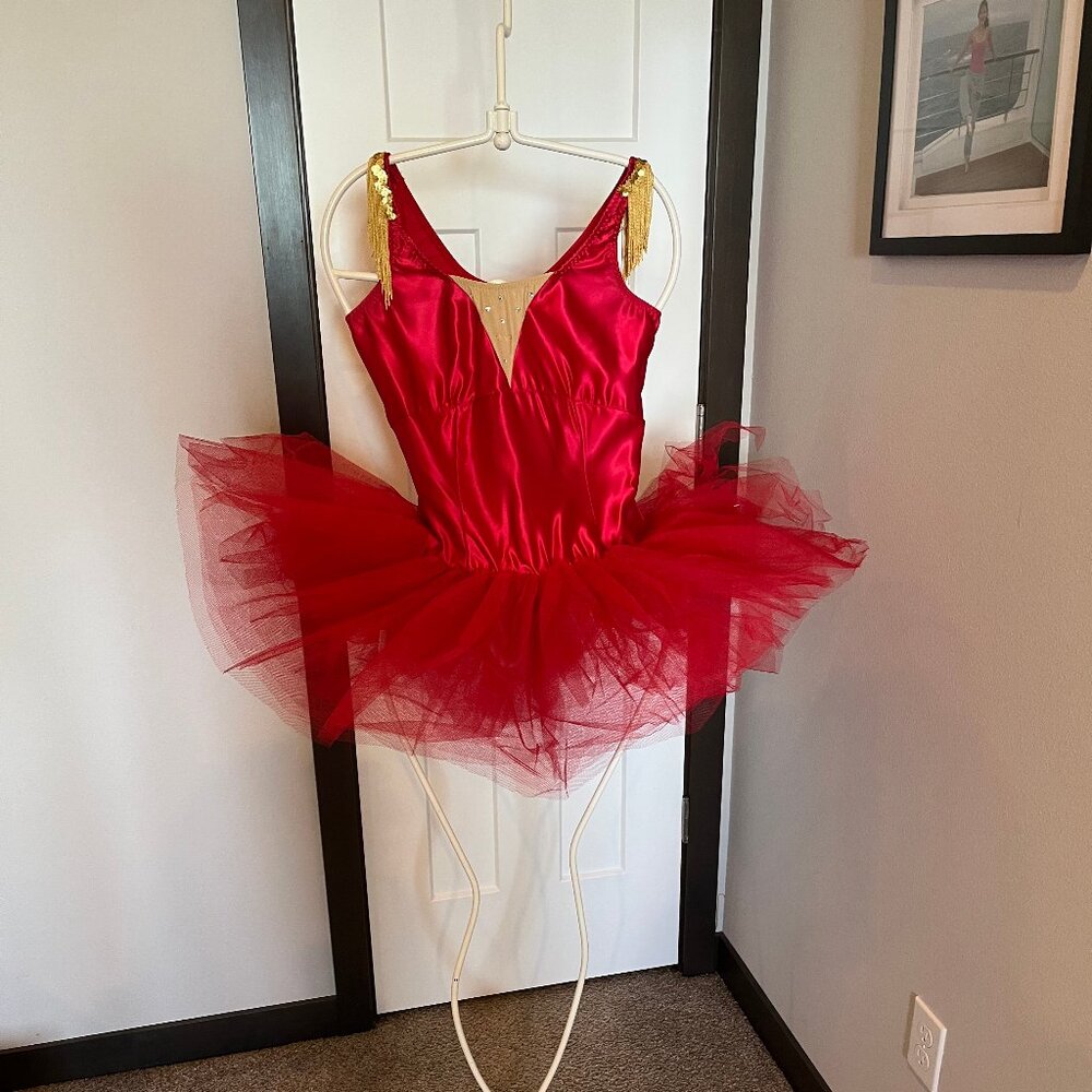 Red dance costume with tutu attached. Size 12A (women's small)